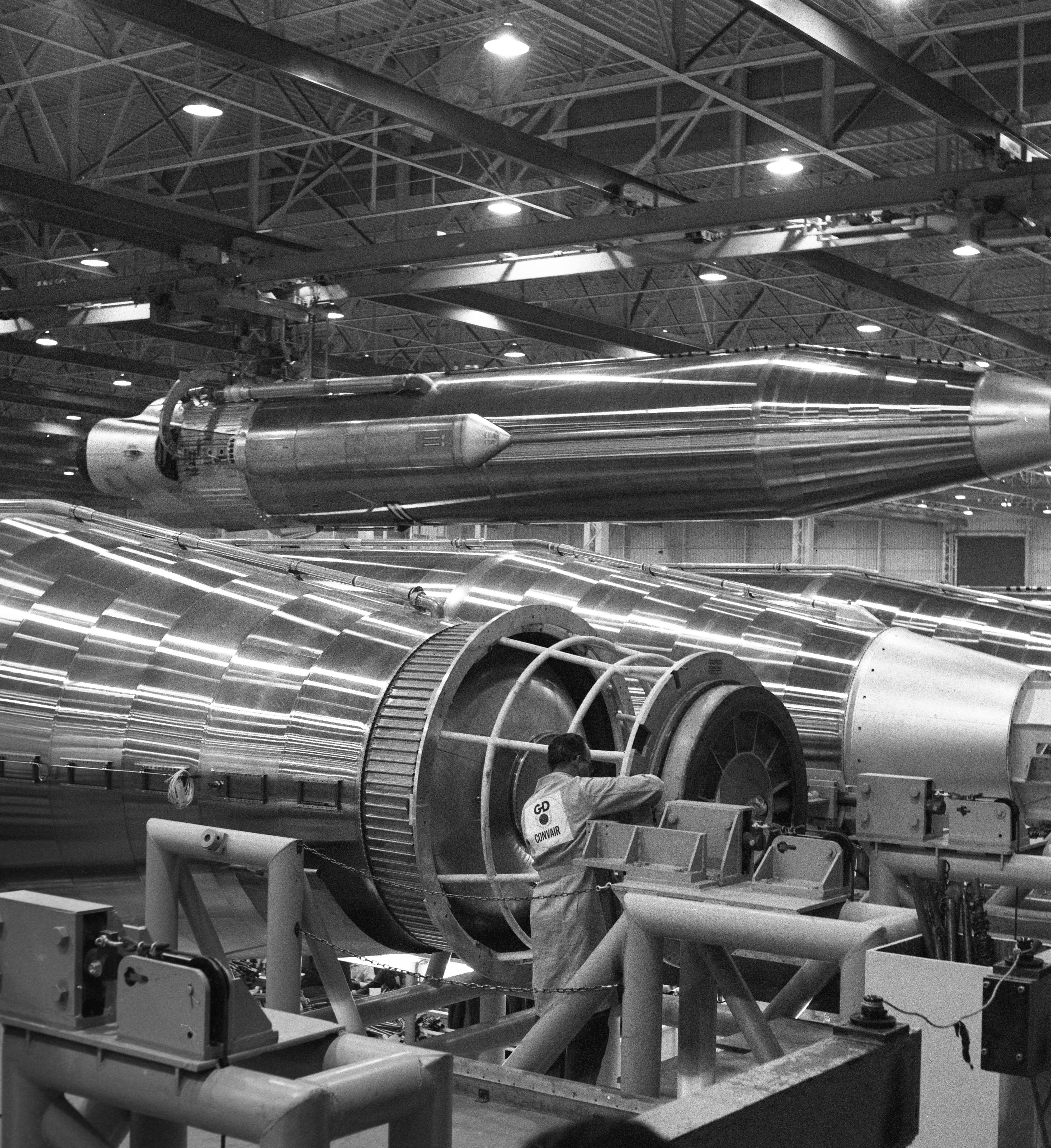 A Convair employee working on the Atlas rocket production line on February 5th, 1960. 
