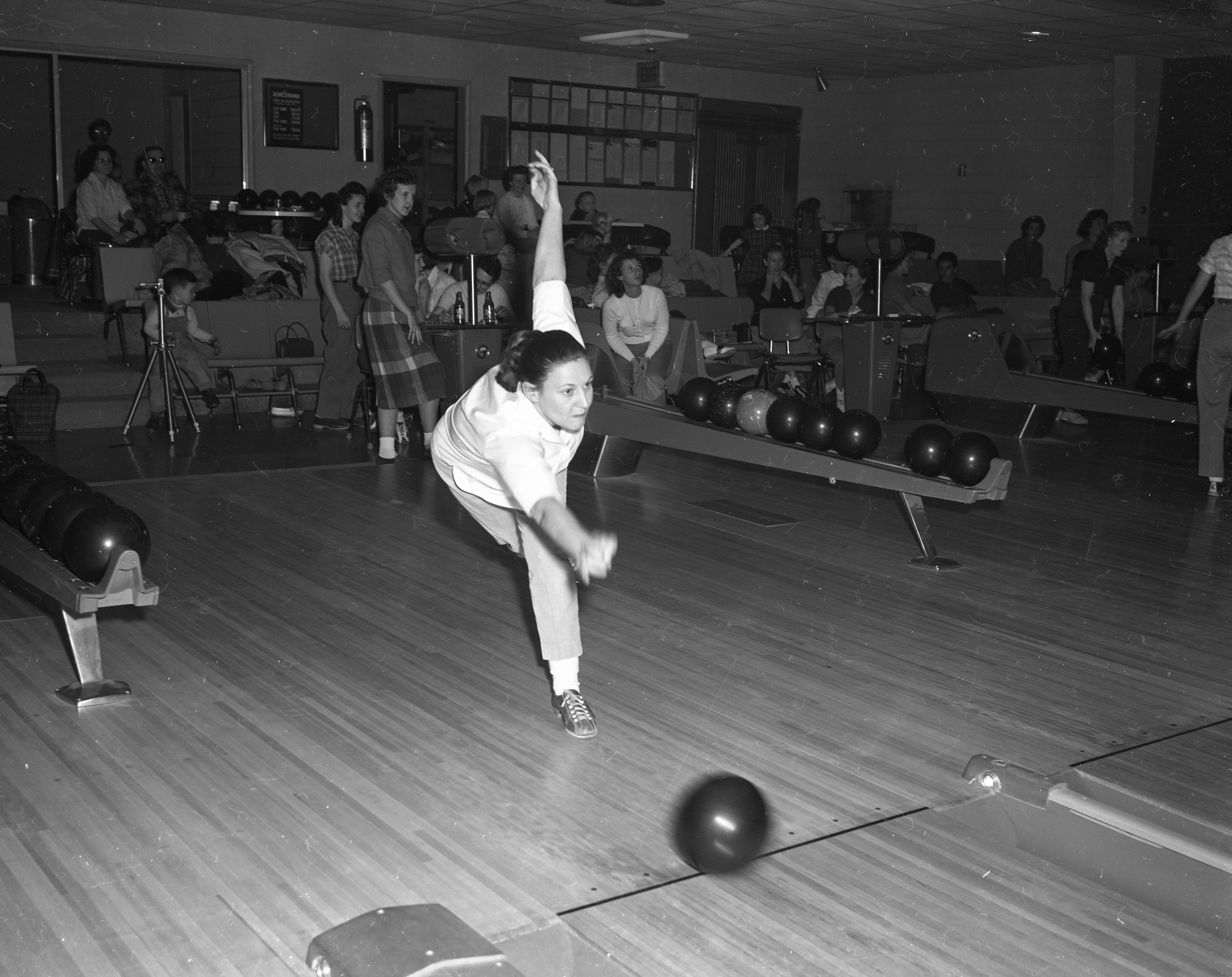 Convair employee in action at the bowling alley.