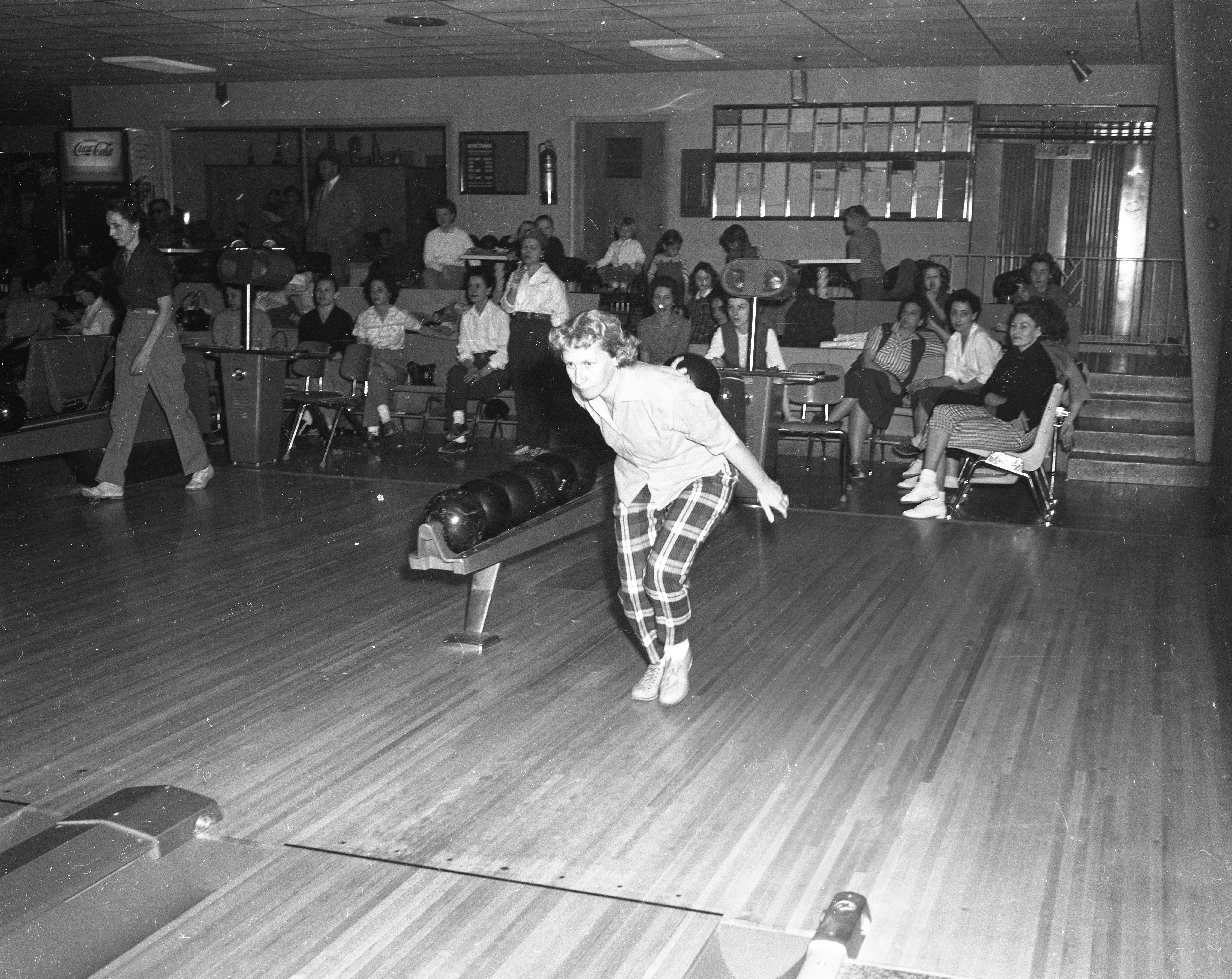 Convair employee in action at the bowling alley.